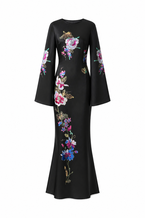 Robe petite cintrée satinée noir à fleurs